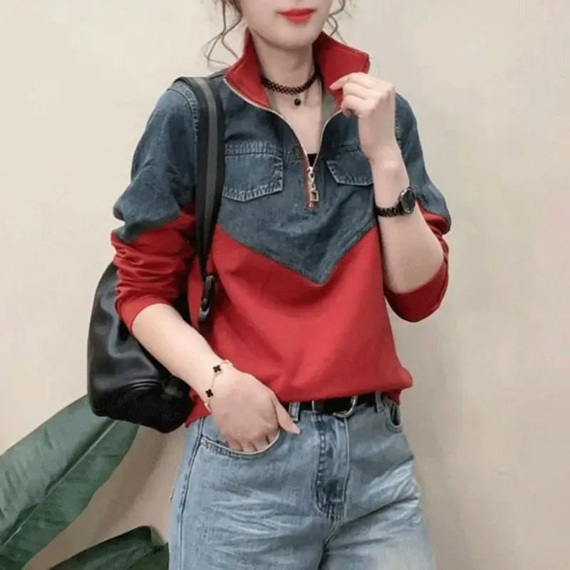 Women's Spring New Casual Half Zipper Denim Splicing Korean Version Loose Everything Shirt Contrast Color Stand Collar T-Shirts