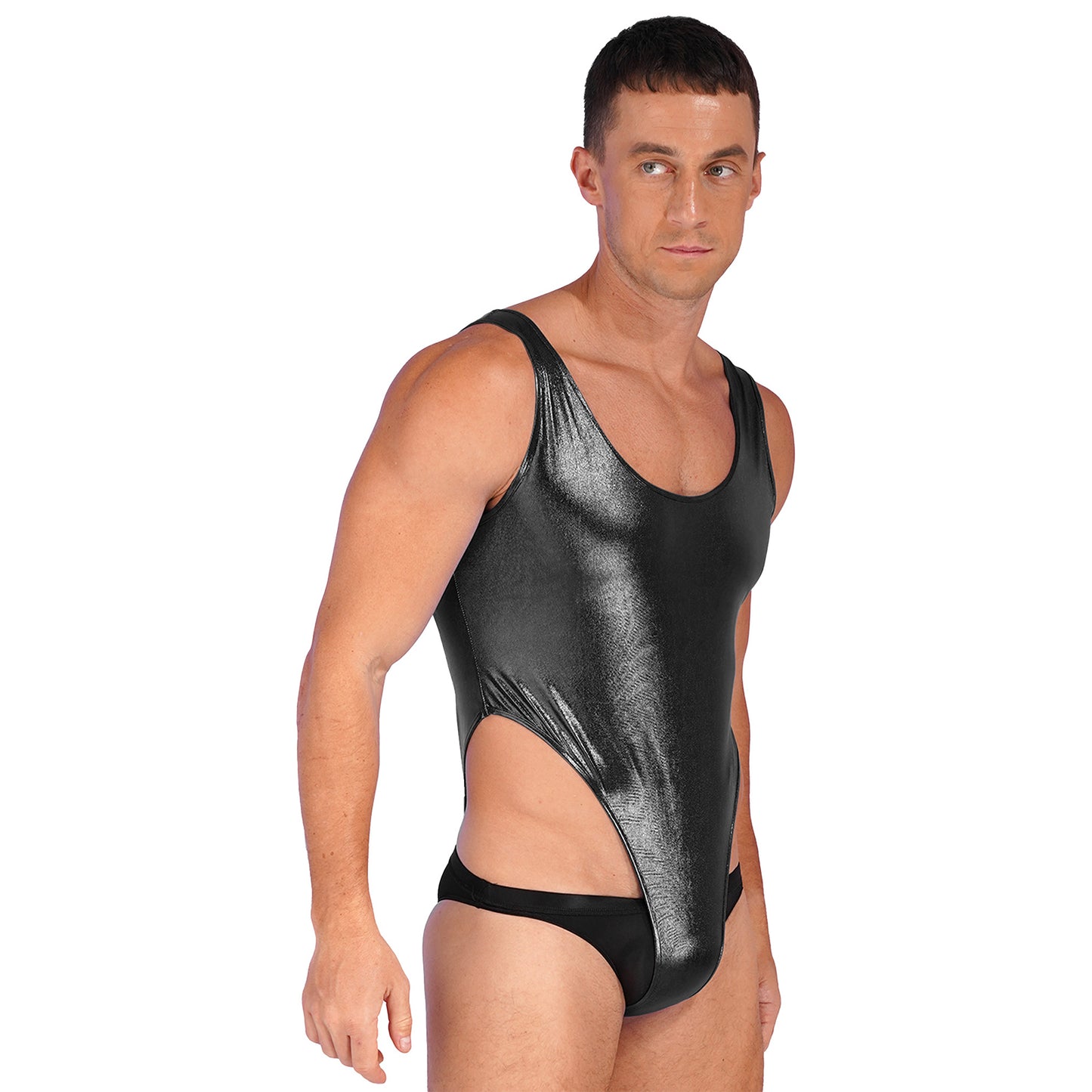 Mens Glossy Bodysuit Fashion One-piece Swimsuit Sleeveless High Cut Wetlook Faux Leather Stretch Leotard Unitard Bathing Suit