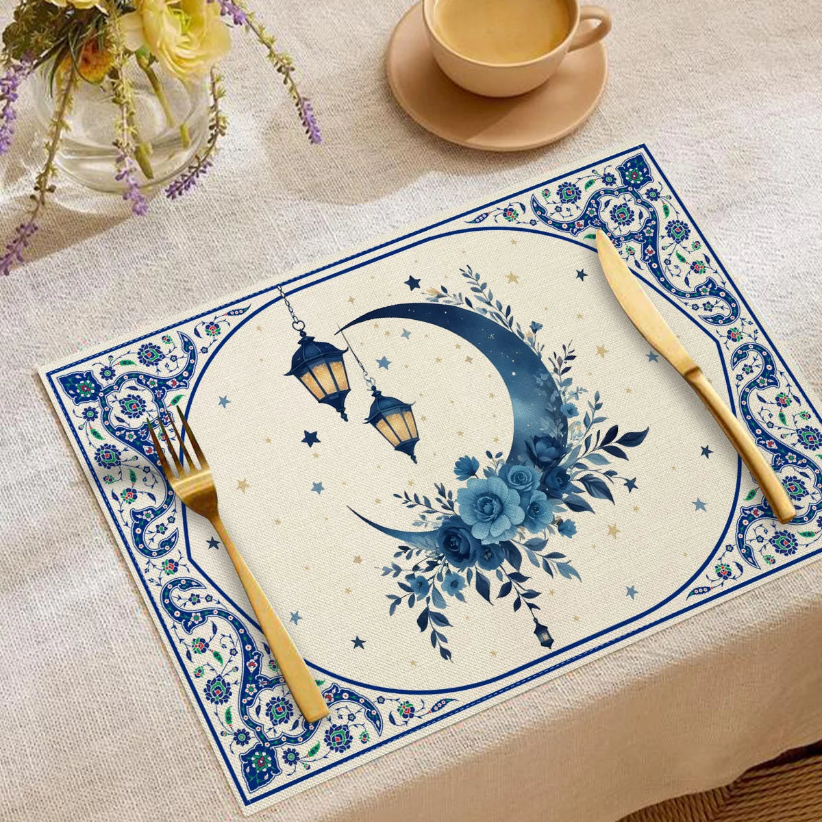 Artistic Ramadan Moon Lantern Floral Pattern Placemats Exquisite Watercolor Geometric Designs Heat Resistant Table Mats