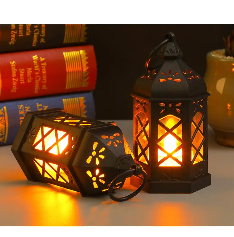 European Ramadan Lamp Mini Plastic Hexagonal Wind Lamp Led Electronic Candlelight Holiday Decoration Christmas Halloween Retro