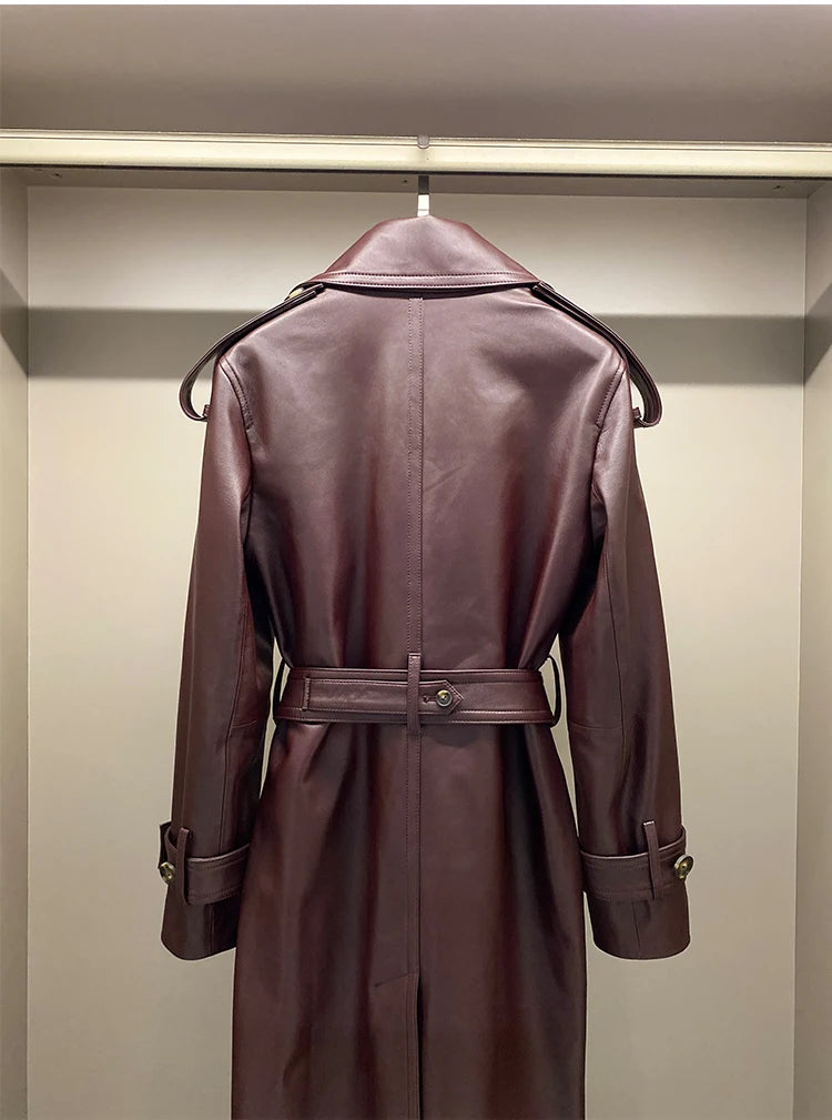 Women Leather Jacket Autumn Winter Black/Red Coffee Sheepskin Lapel Double Breasted  Belt Slim Show Tall Long Trench Coat Dress