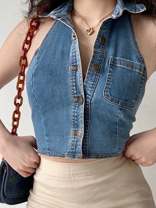 Summer Chicly Single Breasted Simple Sexy Halter Female Tops American New Fashion Backless Solid Color Street Vintage Women Vest