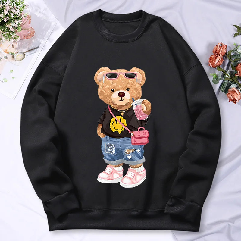 Bear Sister Drinking Milk Tea Printing Women'S Hoody Autumn Warm Fleece Sweatshirt Casual Hoodies Hip Hop Loose Pullovers Top
