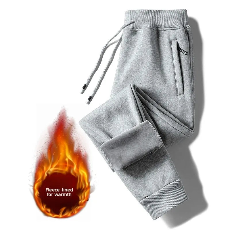Loose Men's Fleece Lined Trousers Spring Autumn Winter Casual Wear Youth Style Pure Color Cuffed Sports Pants for Students