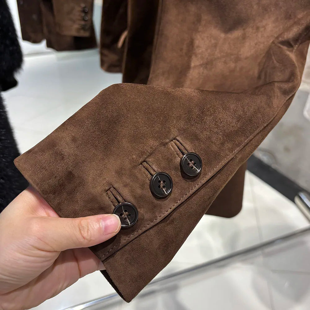YOLOAgain Single Breasted Oversized Suede Blazer Women Real Leather Jacket Spring 2026
