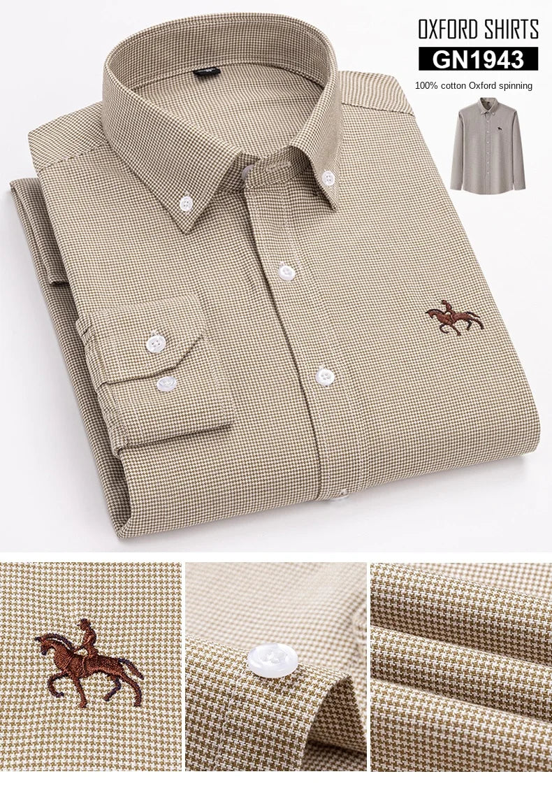 2023 100% Cotton Oxford Man Leisure Embroidered Horse Shirts Streetwear Oversized  Men Shirt Floral Long Sleeve Casual Plus Size