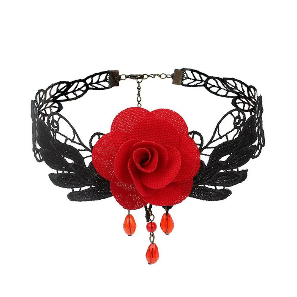 Sexy Neck Chain Steampunk Style Collar Chocker Gemstone Pendant Black Lace Gothic Necklace