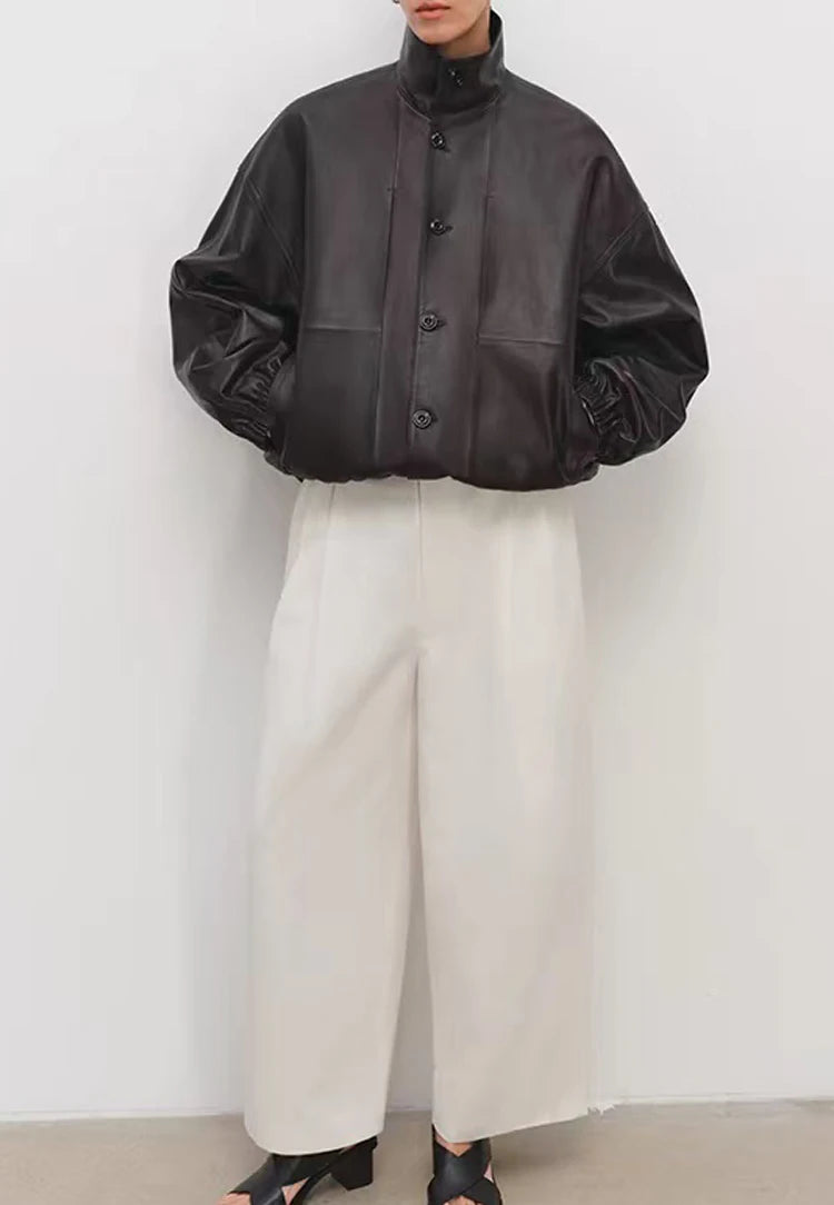 Imported Lightweight Leather Jacket for Women Modern Genuine Sheepskin Stand Up Collar Short Silhouette Coat Winter Tops Mujer