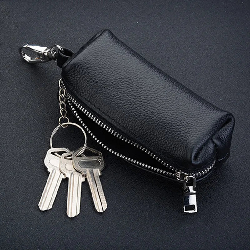Genuine Leather Key Holder - Unisex Car/House Key Organizer Pouch with Long Keychain, Cow Split Leather Wallet Case