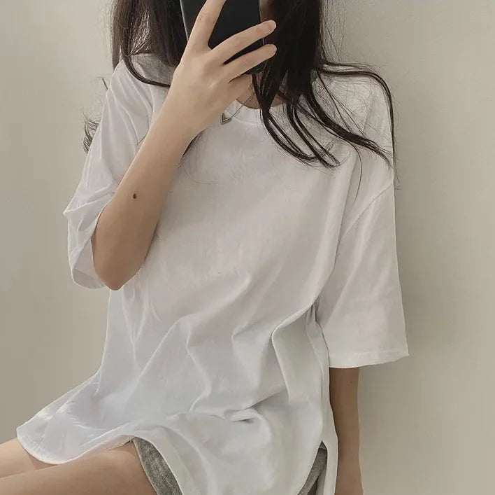 T-shirt for Women in Summer 2025 Slit Black Top Ins Pure Cotton Cotton Mother Simple Loose Long Short Sleeve High Elastic