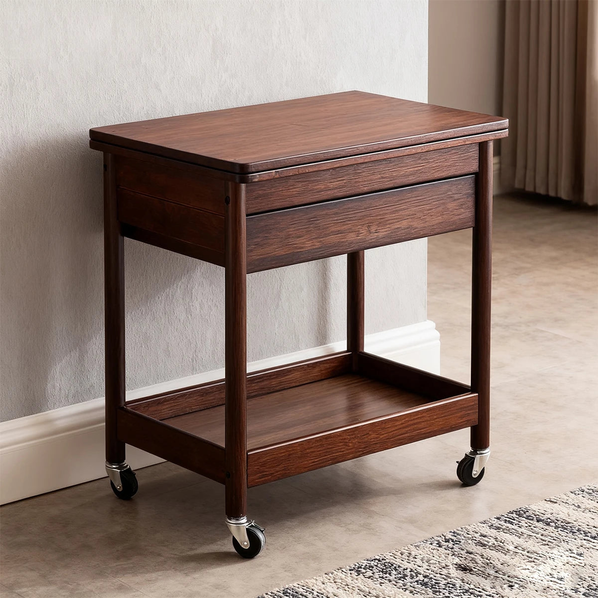 Space-Saving Extendable Foldable Dining Table with Drawer & 4 Wheels - Farmhouse Walnut Color for Living Room Kitchen