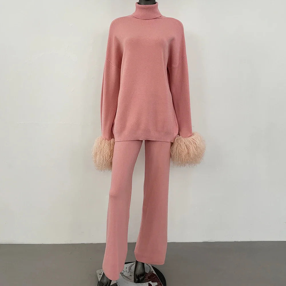 Coat Women Knitted Suit Women's Sweater Set Real Mongolian Sheep Fur Cuffs High Quality Wool & Blend Knitted Pullover and Pants