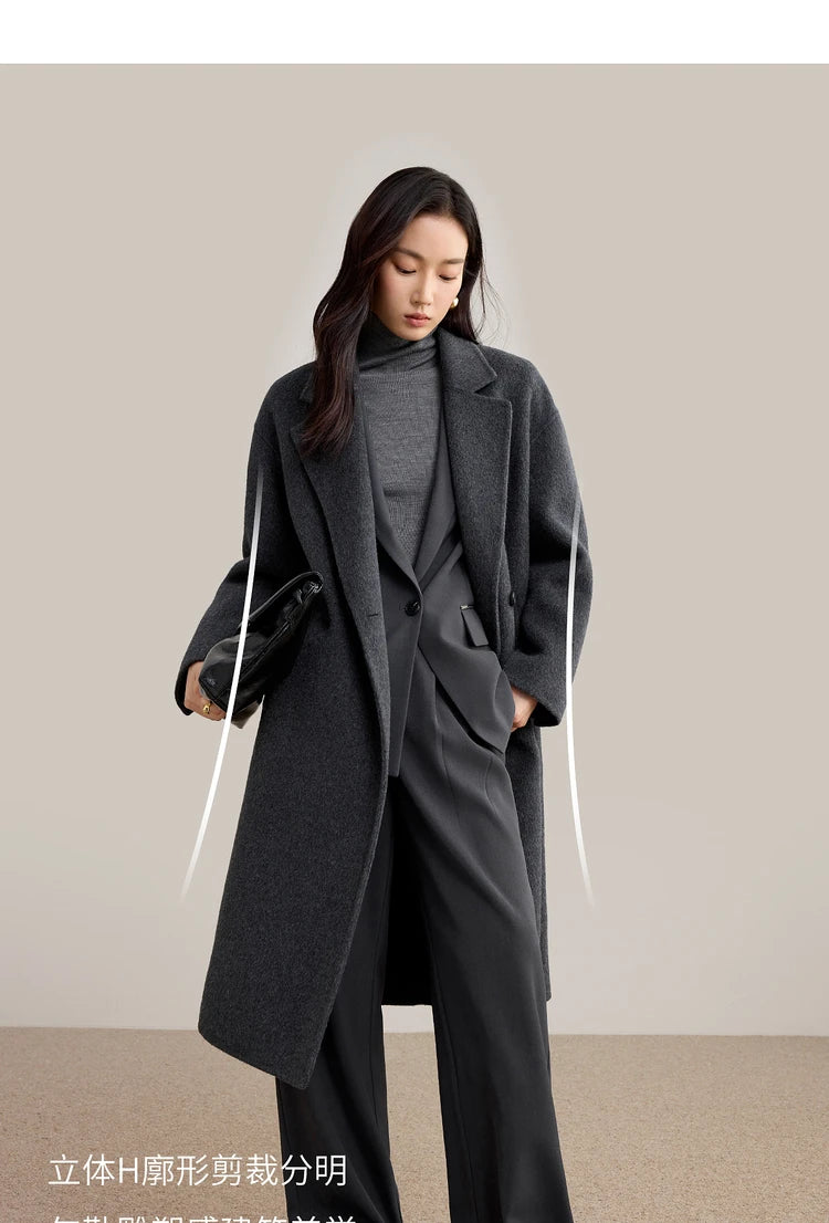 SENTUBILA Women's 100% Wool Double-Faced Coat Winter 2025 Suit Lapel Collar Classic Commuter Style Long Overcoat W54OA8779