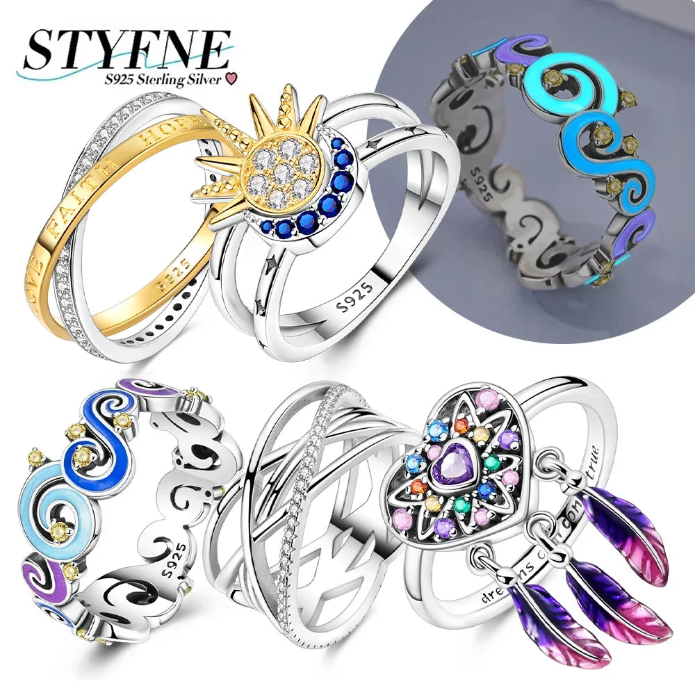 Sterling Silver 925 Sun Moon Heart Shiny Zircon Original Finger Ring Luminous Dreamcatcher Rings for Women Fine Jewelry Gifts