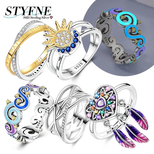 Sterling Silver 925 Sun Moon Heart Shiny Zircon Original Finger Ring Luminous Dreamcatcher Rings for Women Fine Jewelry Gifts