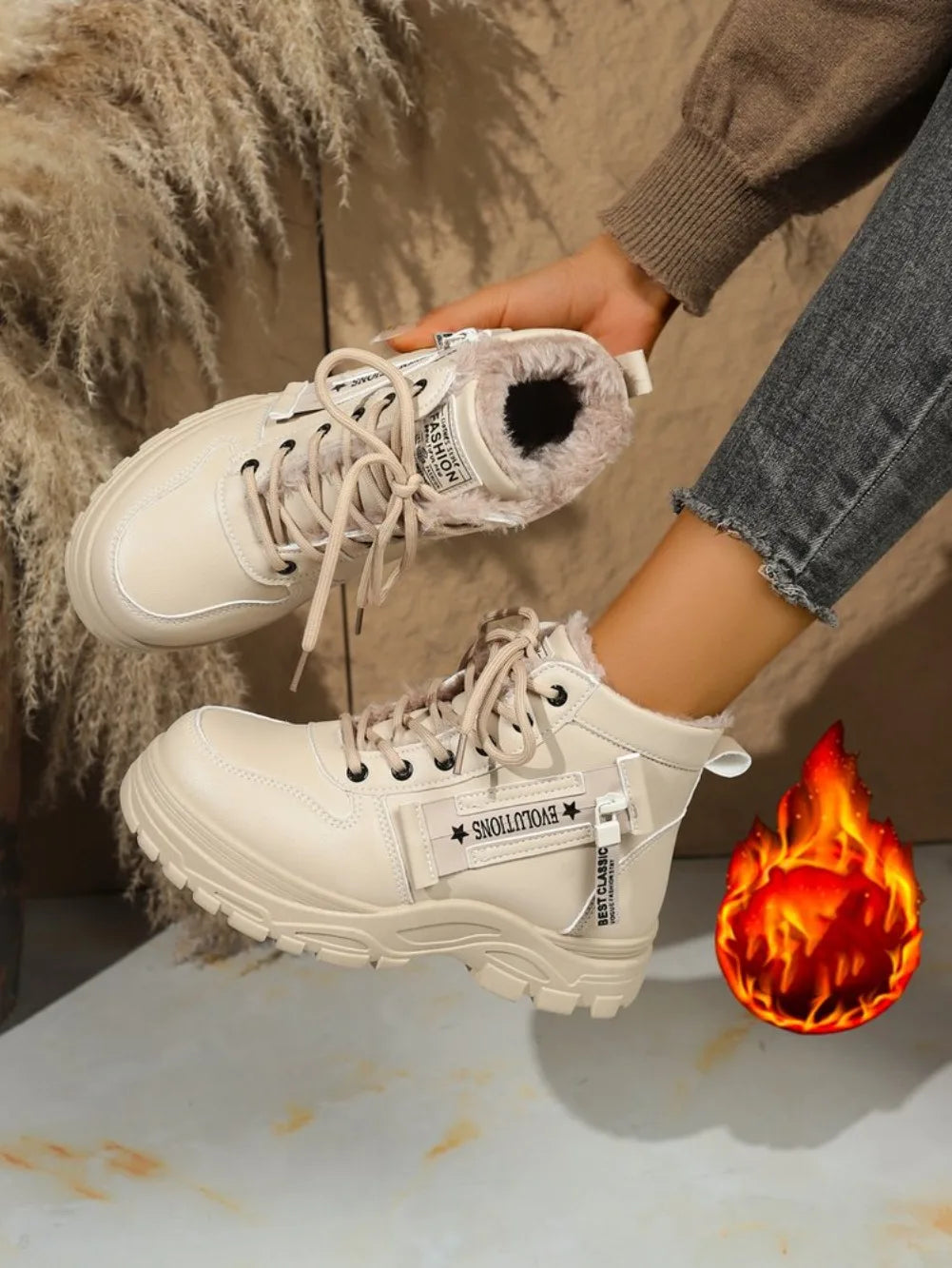 Women's Winter Snow Boots Warm Plush Lined Lace Up Chunky Platform Sneaker Booties Side Zipper Outdoor Walking Shoes for Ladies
