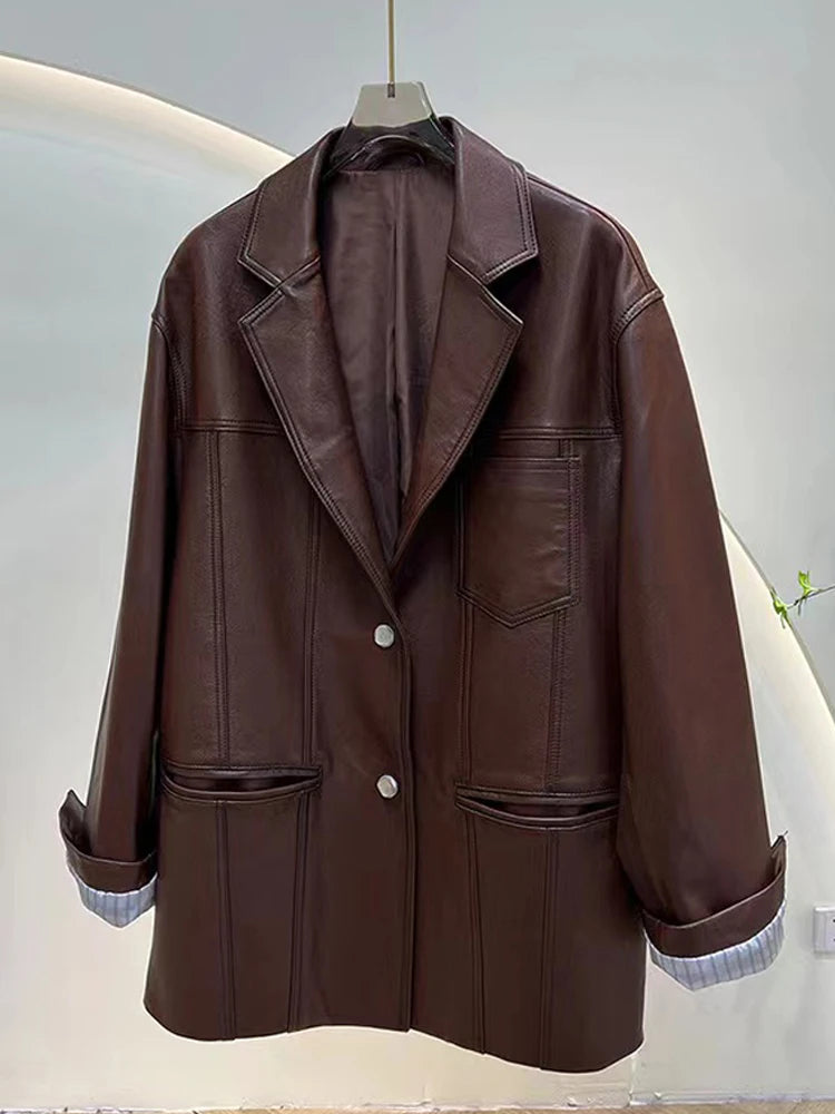 2025 Autumn Women's Oversized Real Leather Jacket Female 100% Sheepskin Retro Brown Broad Shoulder Suit Coat Streetwear Blazer