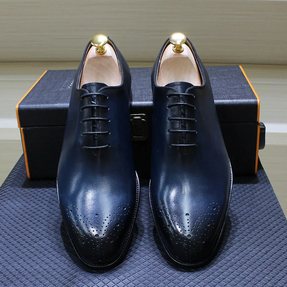 Genuine Leather Mens Formal Shoes Handmade Classic Whole Cut Oxfords Business Lace-up Plain Toe Wedding Dress Shoes for Men