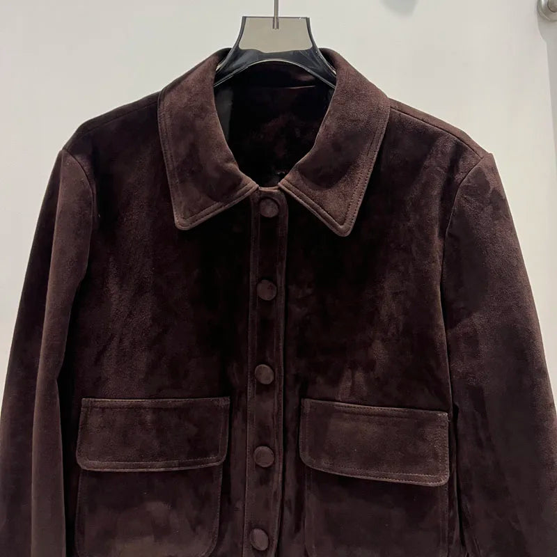 Winter Woman Clothing Old Money Style Retro Chocolate Brown Kid Suede Genuine Leather Jacket Streetwear Collar Slim Short Coat