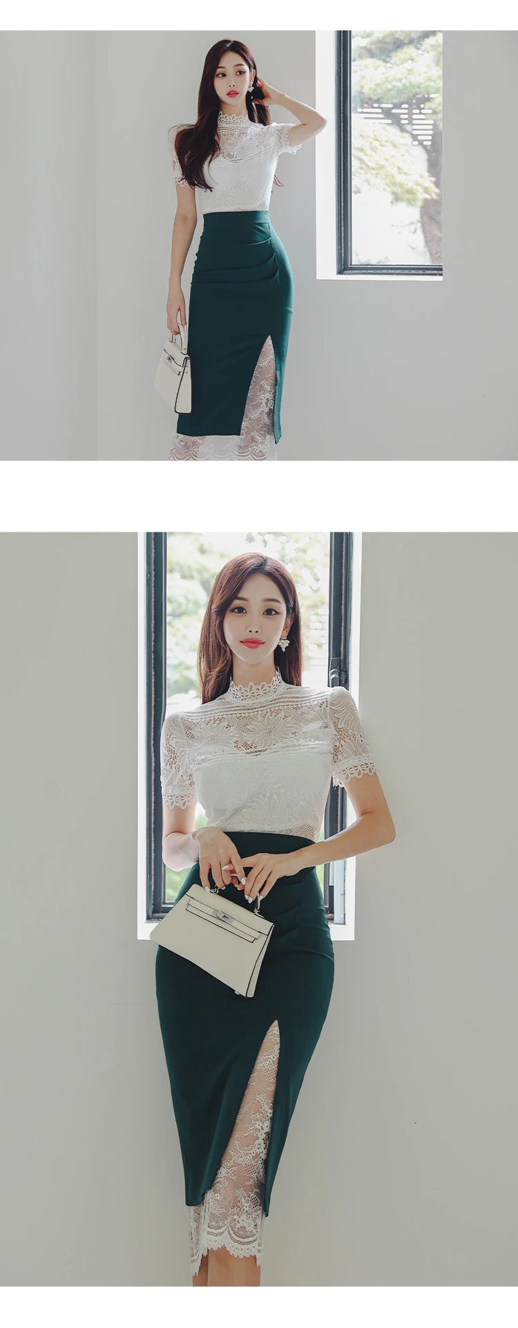 Summer Women Clothes Fashion Elegant 2 Pieces Outfit Sheer Sexy Lace White Tops Shirt Blouse And High Waist Midi Skirt Mujer Set