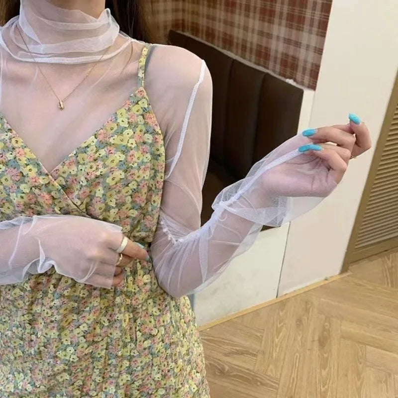 Summer Women T Shirts Hollow Out Fishnet Bottoming Shirt Korean Fashion Long Sleeve Mesh Tops Green White Top Tees Women Clothes