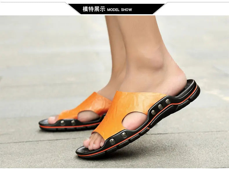 Genuine Leather Slippers for Men Casual Big Size Wear-Resistant Non-slip Fashion Flat Breathable Comfortable Shoes Summer Main