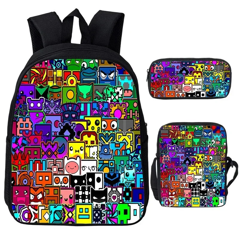 Large Capacity Bookbag 3pcs Set Boys Girls School Bags Angry Geometry Dash Cartoon Print Children Backpack Back To School Gifts