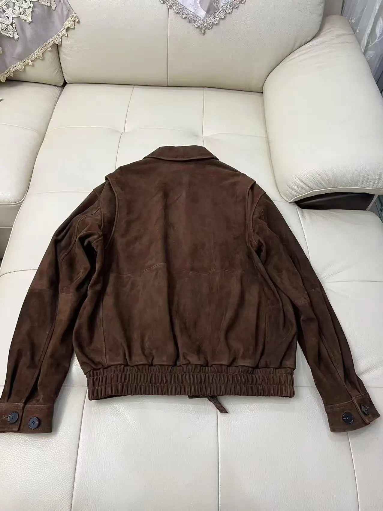 Brown Suede Jacket Spring Women Sheepskin Vintage Old Money Style Wide Shoulder Casual Baseball Leather Coat Giacca Pelle Donna