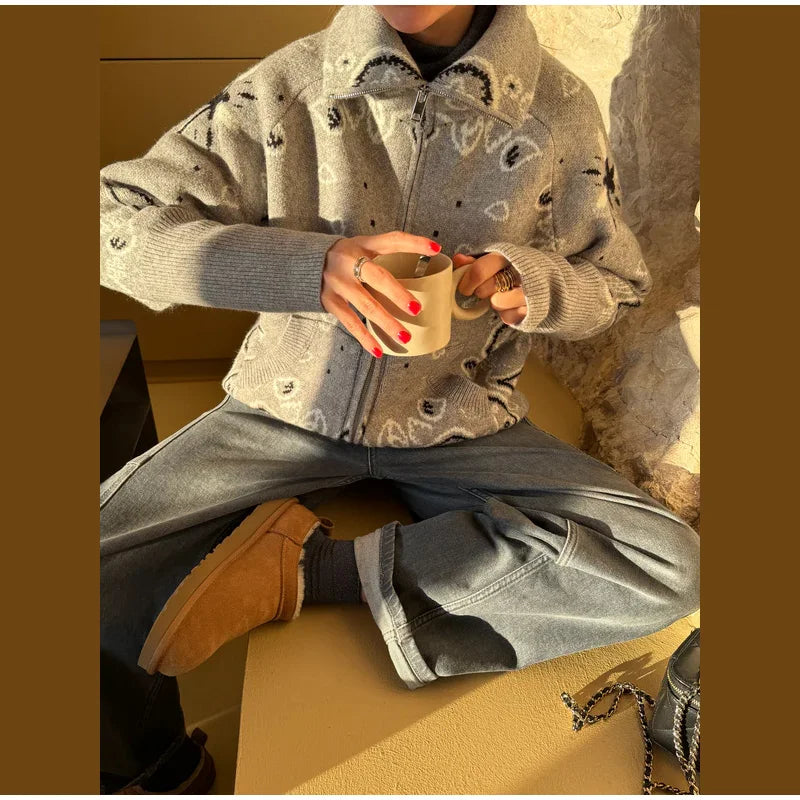 Jacquard Knitted Women's Cardigan Sweater Fashion Zipper Loose Pocket Casual Lady Sweaters 2026 Spring Street Long Sleeve Top