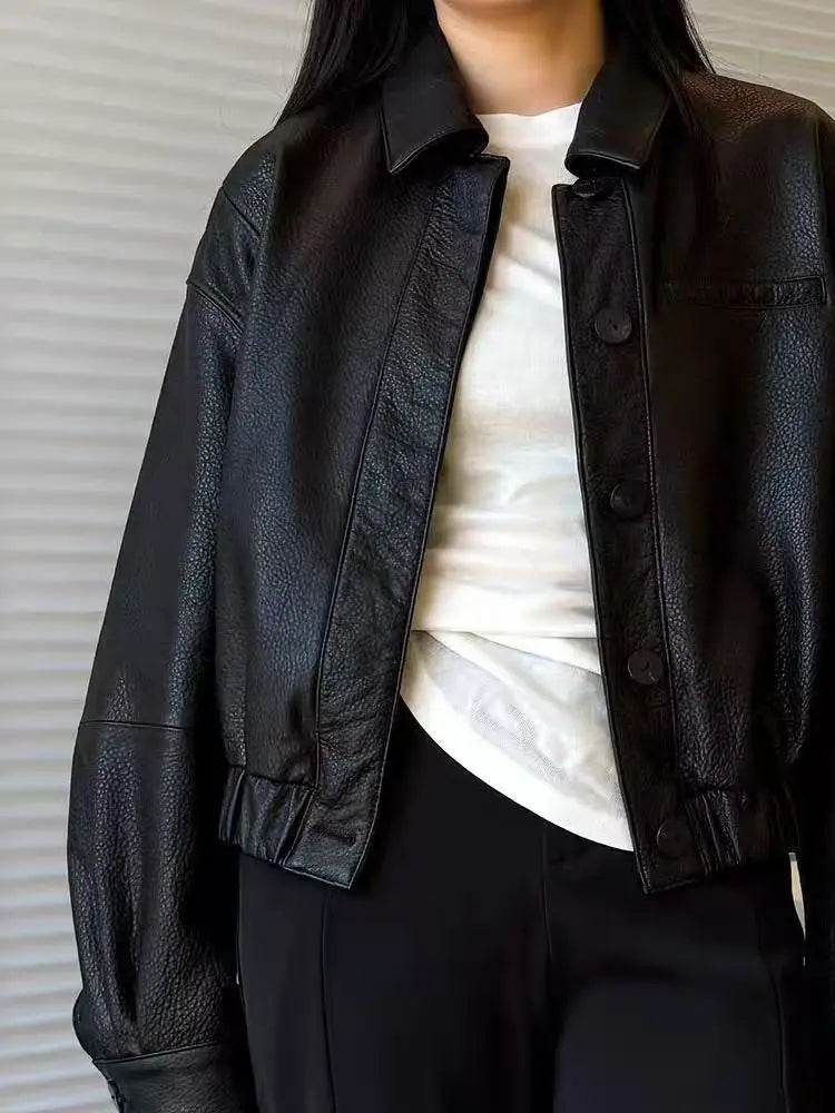 Retro Leather Bomber Jackets for Women Genuine Foam Leather Bubble Texture Short Coat Female Square-Cut Lapel Slim Fit Chaquetas