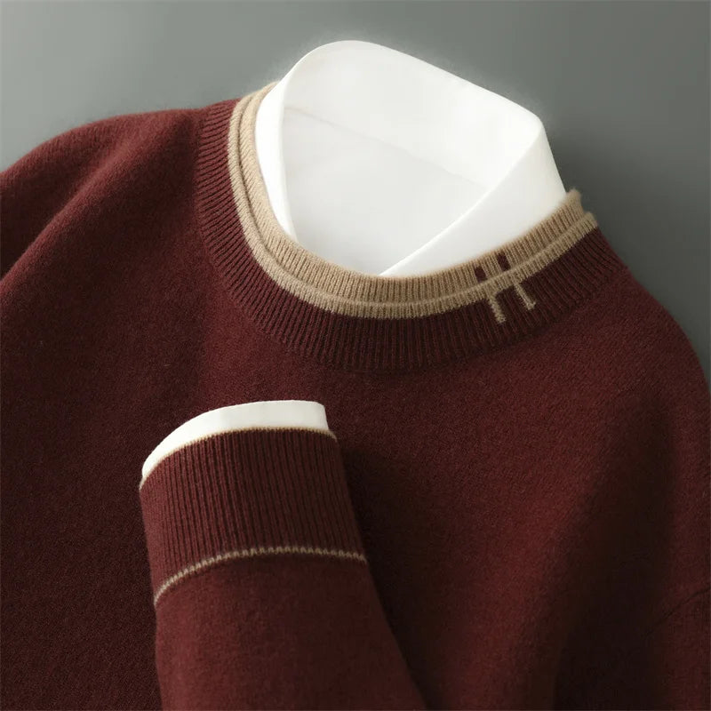 Pure Wool Sweater Men Autumn and Winter New Thick Warm Double Two Collar Knit Pullover Business Casual Sweater Men's Base Shirt