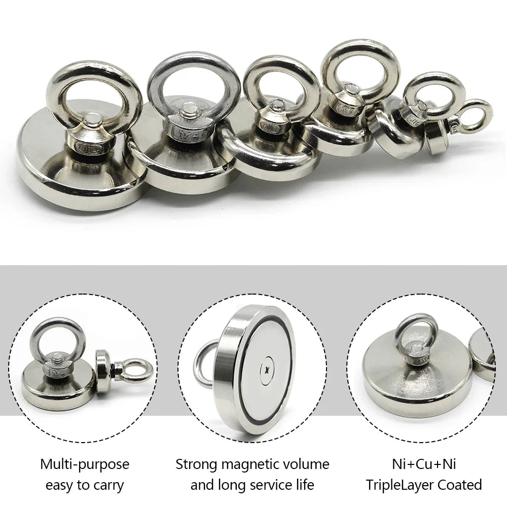 16/20/25/36/42/48/60mm Neodymium Fishing Magnet Heavy Duty Rare Earth Magnet with Countersunk Hole Eyebolt Salvage Magnetic