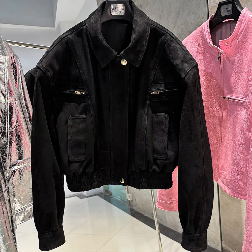 YOLOAgain 2025 Autumn Oversized Suede Jacket Women Real Leather Bomber Jacket Female