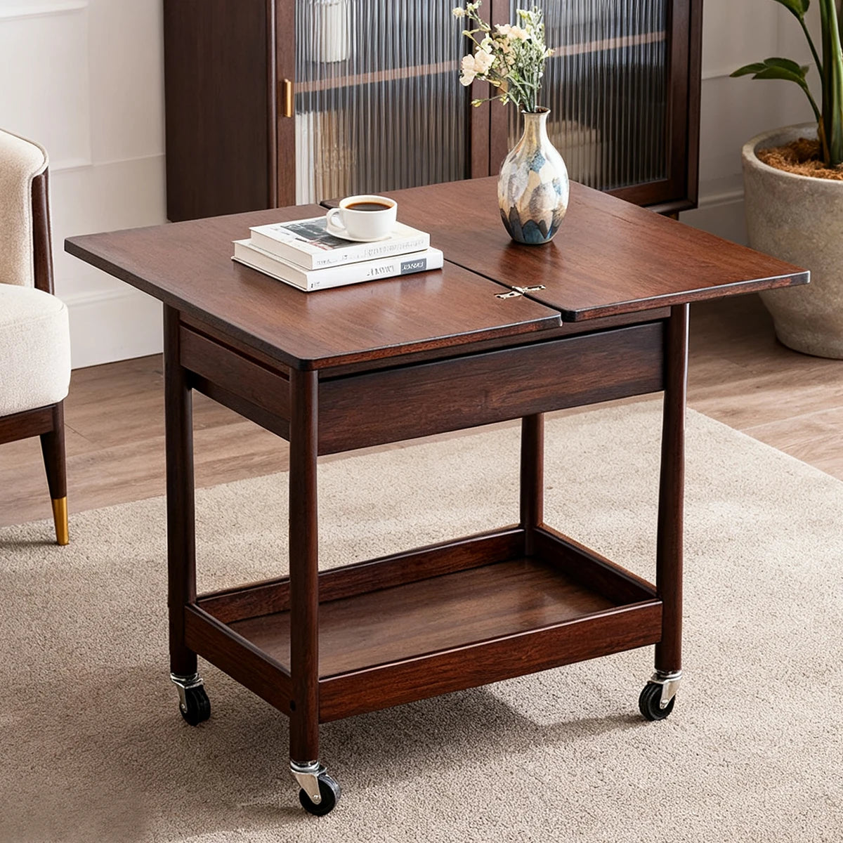 Space-Saving Extendable Foldable Dining Table with Drawer & 4 Wheels - Farmhouse Walnut Color for Living Room Kitchen