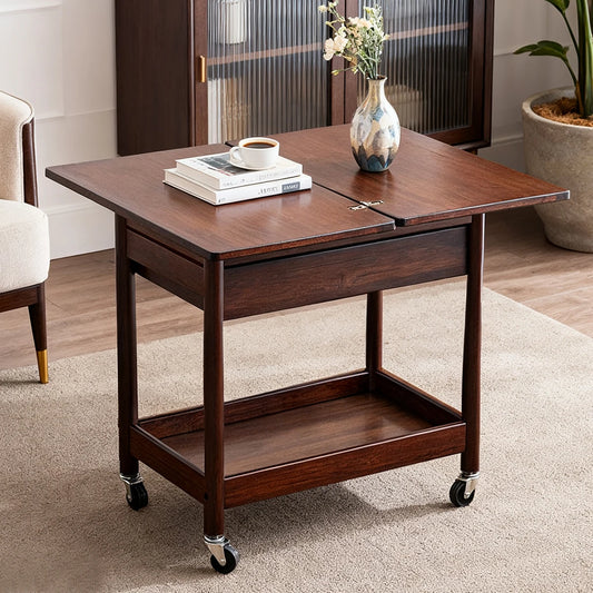 Space-Saving Extendable Foldable Dining Table with Drawer & 4 Wheels - Farmhouse Walnut Color for Living Room Kitchen