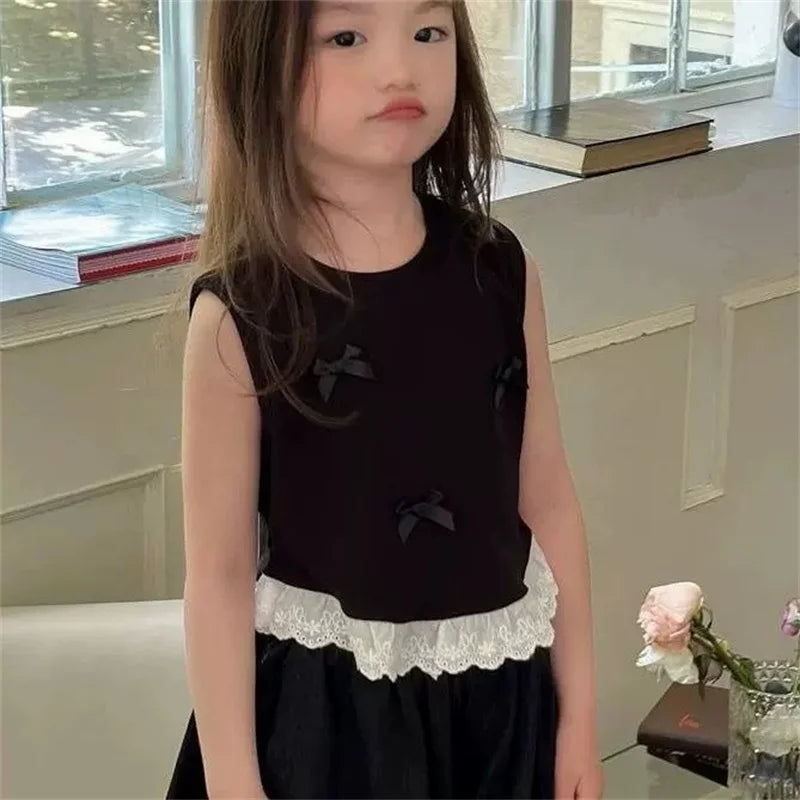 Baby Summer Clothes ,Children's Clothing Set Bow Black Sleeveless Vest Top+Pants Two-Piece Outfit Suits Casual Girls Clothes