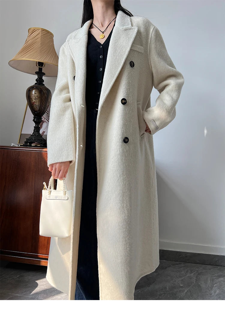 Office Lady Woolen Jackets 2024 Autumn And Winter Suit Collar Double Breasted Warmer Yak Hair Loose Long Women's Wool Coats