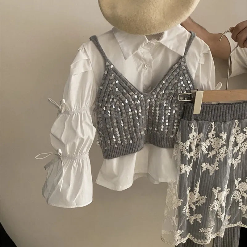 Fashion Baby Girl Ruffled Bow Shirt+Sequins Vest+Pant 3PCS Infant Toddler Child Clothes Set Spring Autumn Baby Clothes 1-12Y