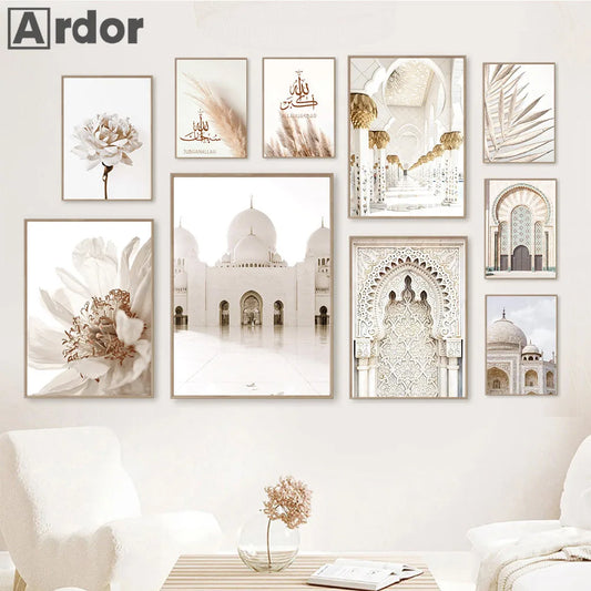 Islamic Wall Art Print Morocco Door Canvas Poster Pampas Grass Beige Flower Art Painting Mosque Posters Wall Pictures Home Decor