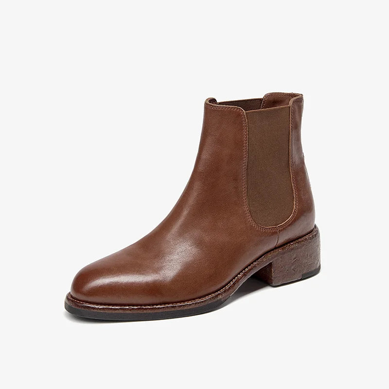 BEAUTODAY Ankle Boots Women Genuine Horse Leather Chelsea Booties Round Toe Elastic Band Vintage Ladies Shoes Handmade 03D64