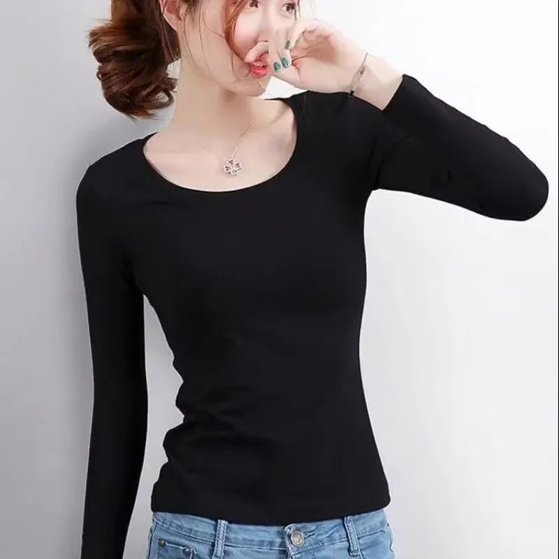 Women Thermal Underwear Winter Turtleneck Bottom Shirt Solid Semi High Collar Long Sleeve Basic T-Shirt Heating Fiber Pullovers
