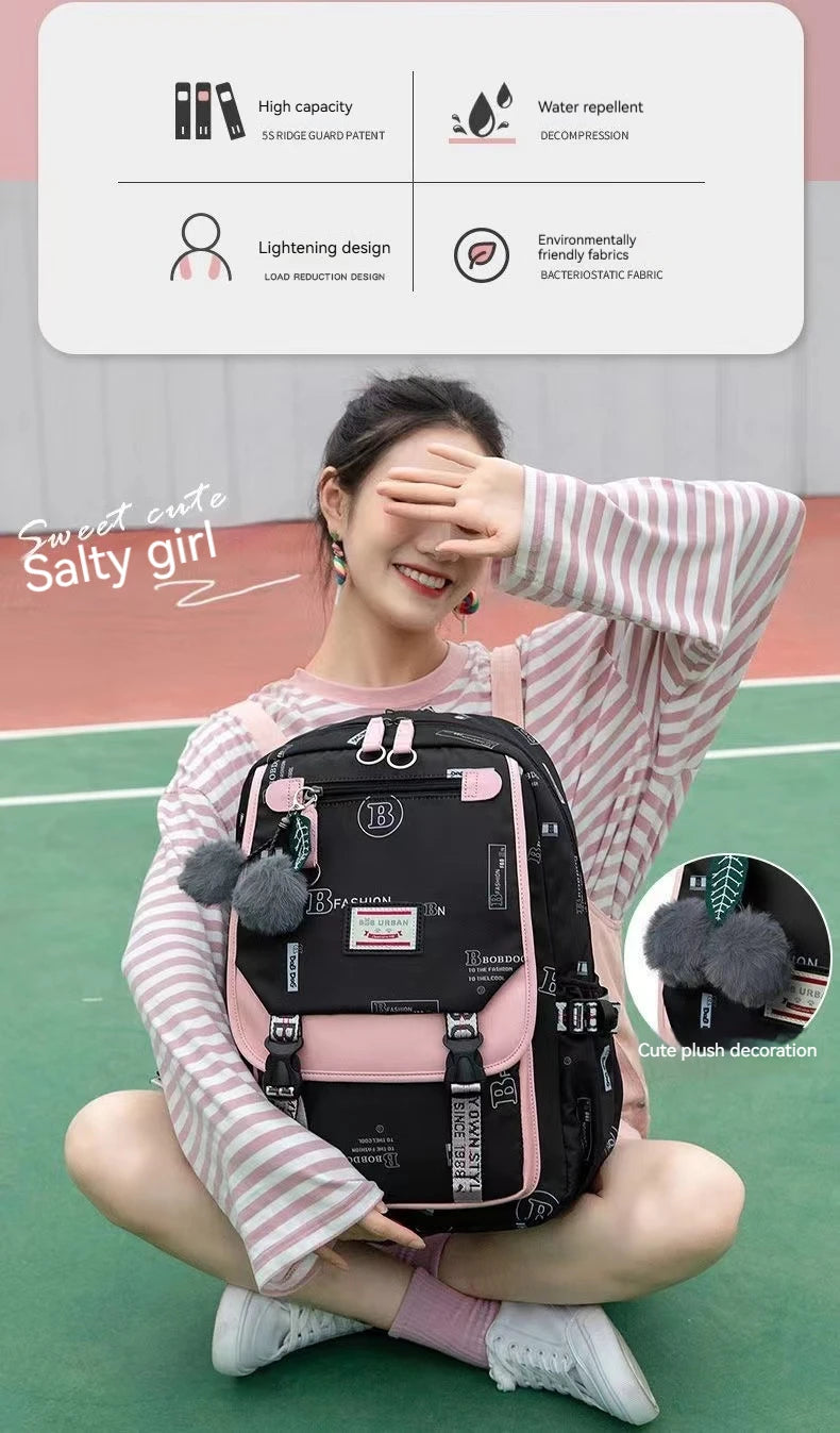 Large School Bags for Teenage Girls Canvas Schoolbag Student Book Bag Fashion Black Pink Teen School Backpack