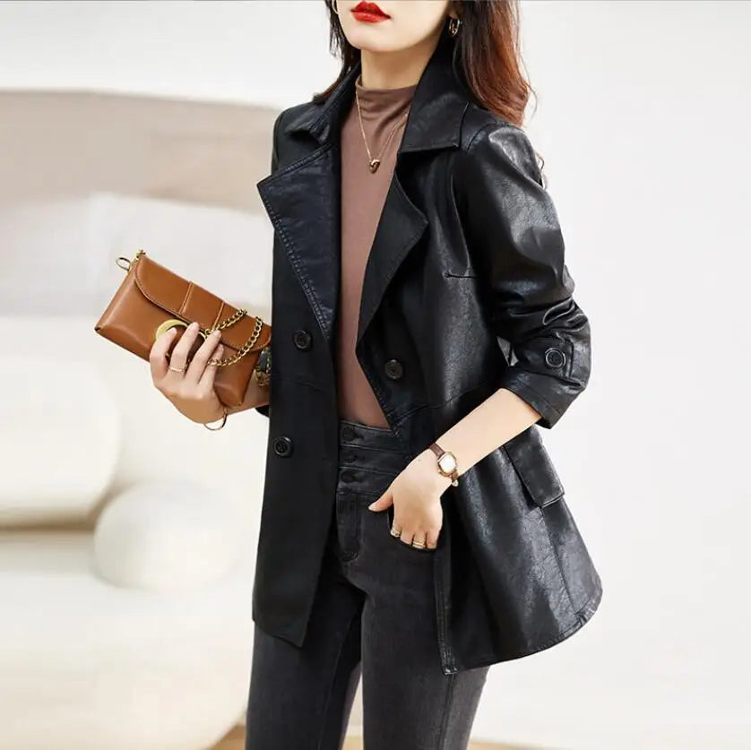Turn-down Collar Genuine Leather Jacket Women Korean Fashion Slim Sheepskin Coat Black Real Leather jackets ladies Casual Blazer