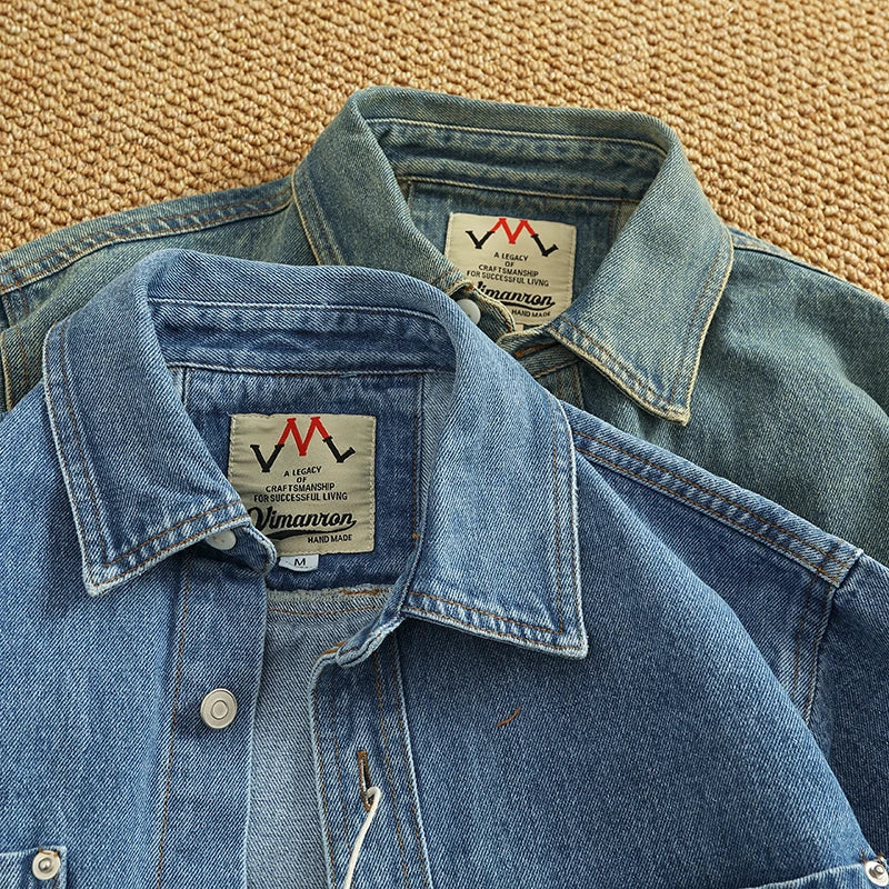Spring Autumn New American Retro Long-Sleeve Lapel Solid Color Denim Shirt Men's Fashion 100% Cotton Washed Old Casual Blouses