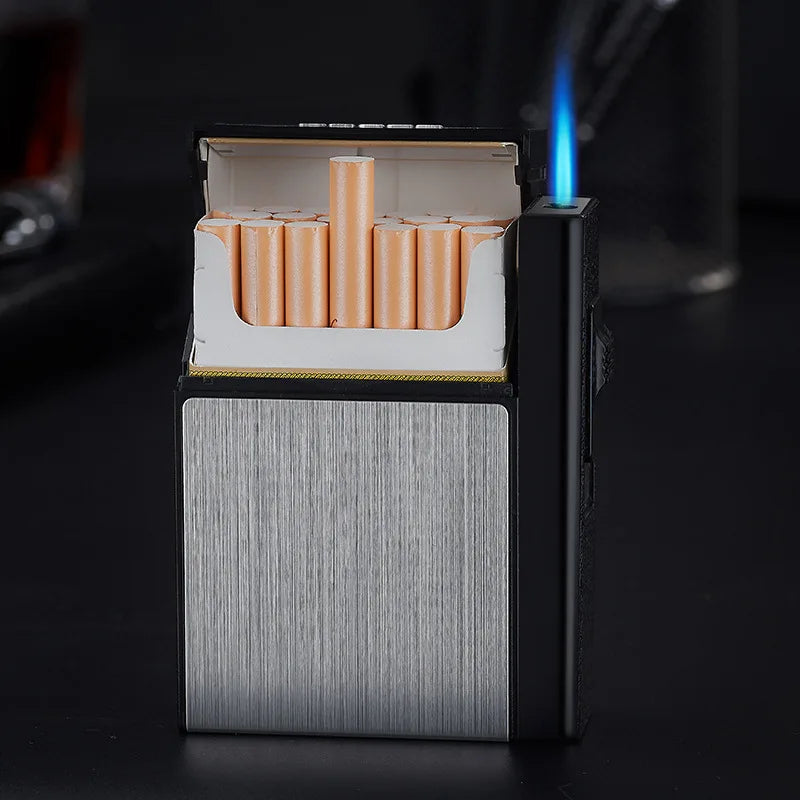 20 Sticks Cigarette Case Metal Lighter Turbo Butane Cigarette Capacity Gas Cigarette Lighter Gadget Lighter Box Men's Gift