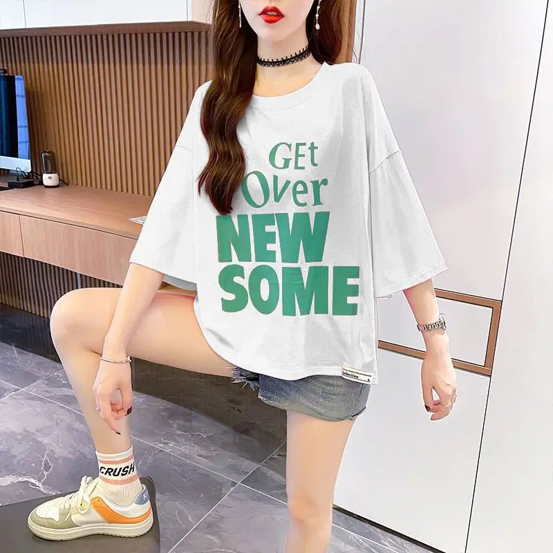 Women's T-shirt Summer Outfit Graphic Short Sleeve Cotton Top Female Baggy Trending Clothing Korean Popular Clothes Cheap Woman