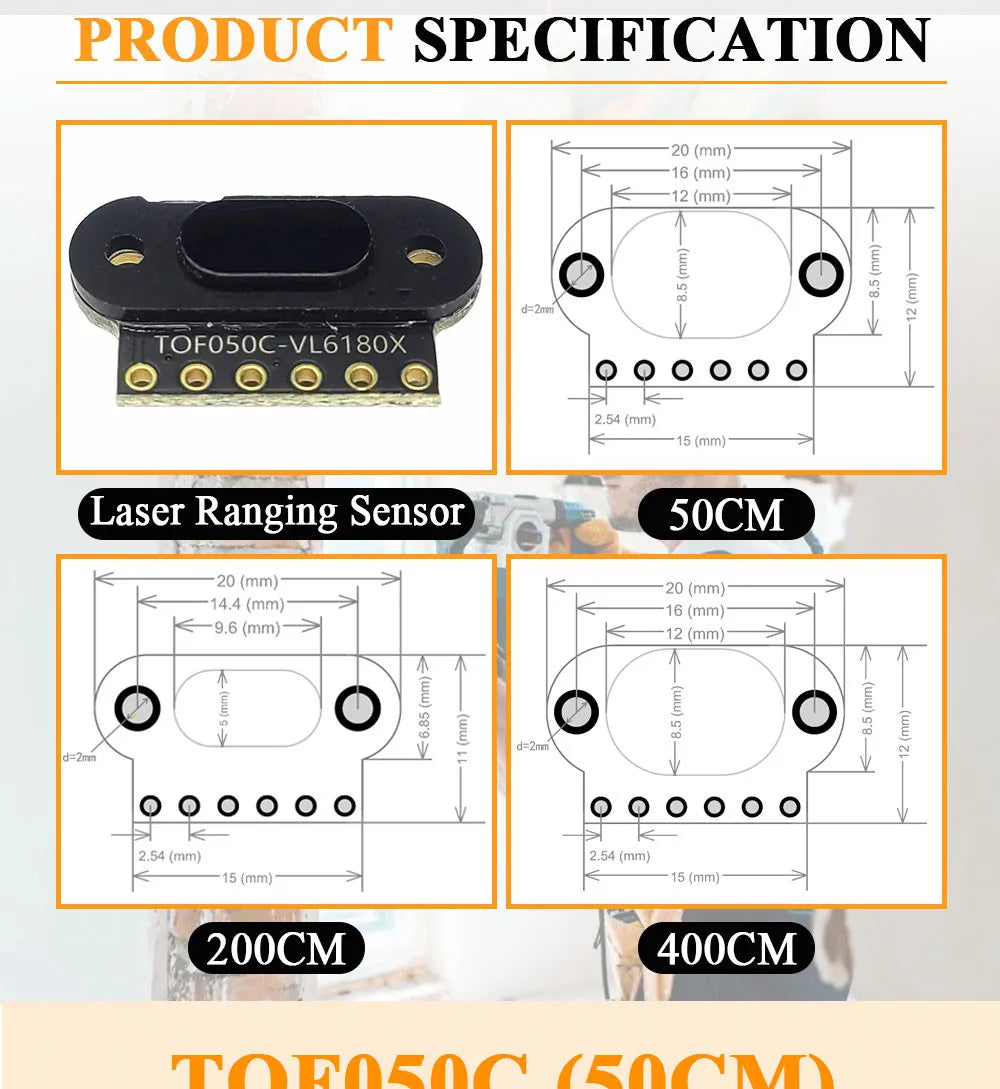 Laser Ranging Sensor Module for Arduino STM32 Measure Flight Distance 50CM 200CM 400CM I2C Output TOF050C TOF0200C TOF0400C