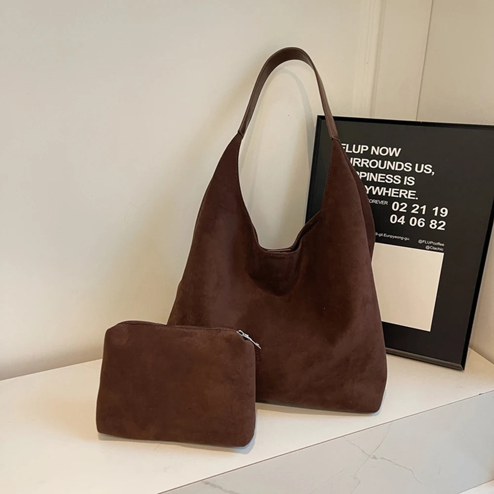 Women Suede Shoulder Bag Large Capacity Tote Bag Trendy Retro Handbag with Pocket for Work Travel Shopping