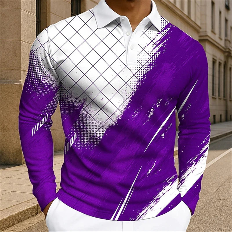 Men's Plaid Coloful Polo Shirts Golf Shirt Long Sleeved Polo Shirt New Casual Fashion Classic Lapel Neck Shirt Trendy Men Polo