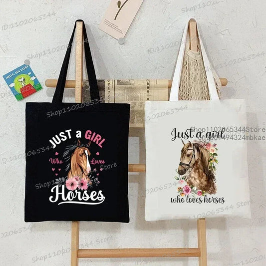 Women's Tote Bag Just A Girl Who Loves Horses Print Canvas Large Capacity Shopping Bags Horse and Flower Commuter Shoulder Bag